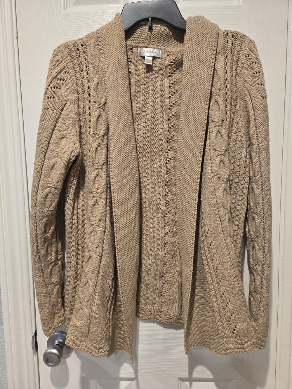 Dressbarn Cozy Sweater Tan Cable-knit Open-front Cardigan Shawl Collar Size XL